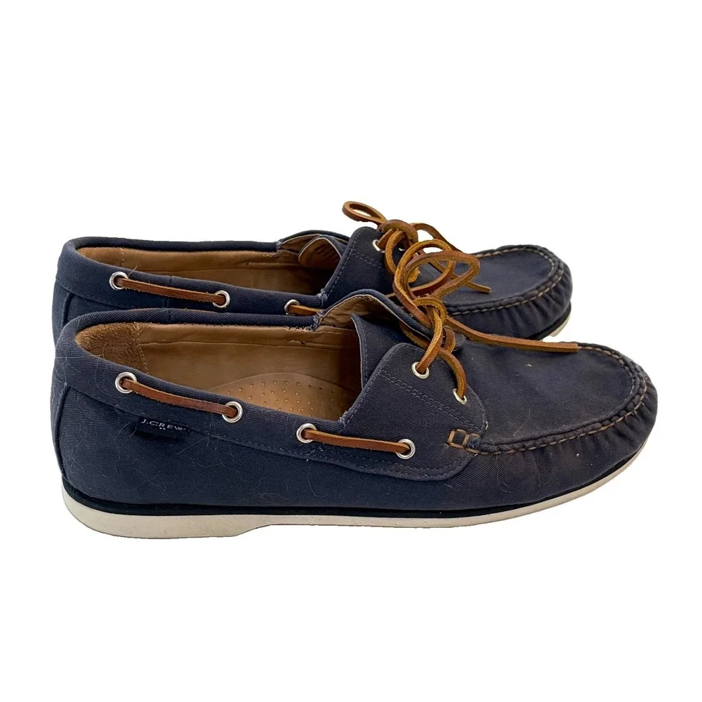 J.Crew Classic Canvas Boat Shoes 2-Eyelet‎ Mens Navy Blue Brown Size 11.5 AQ182